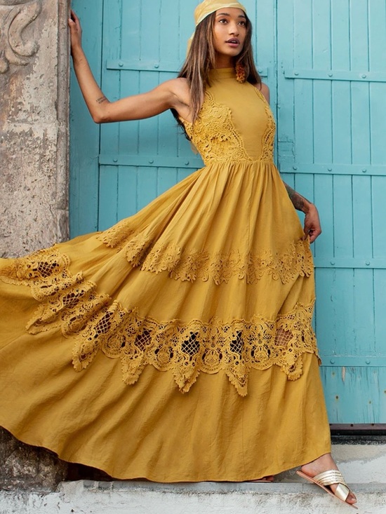 Joyfolie Dresses & Skirts - Joyfolie Mustard Yellow Lace Halter Maxi Dress Sz XXS NWT Open Back Boho